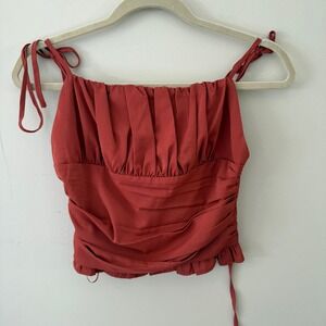 LE LIS COLLECTION Ruched Crop Top Tie‎ Shoulder Rust Orange Smocked Back Size S